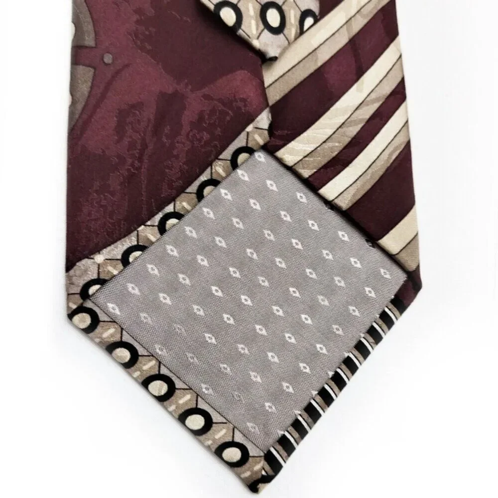 Vtg GIVENCHY MONSIEUR Silk Tie Geometric Circle Stripes Nautical Maroon Red Gold